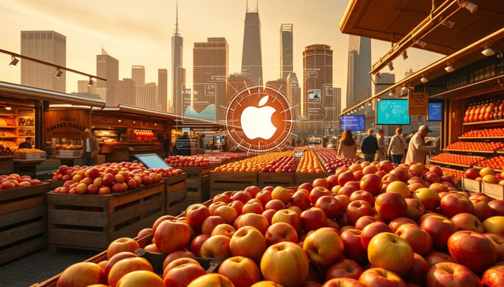 A bustling apple market set against a backdrop of sleek, futuristic AI technology. In the foreground, a vibrant display of ripe, juicy apples in wooden crates, surrounded by the energetic activity of vendors and shoppers. The middle ground features a stylized AI interface, with holographic data visualizations and touch-responsive screens, symbolizing the dichotomy between Apple's hardware expertise and its AI/software limitations. The background showcases a sprawling cityscape, with towering skyscrapers and glowing, neon-tinged structures, evoking a sense of the digital age's rapid advancement. Warm, golden lighting bathes the scene, creating a sense of tradition and progress coexisting in a harmonious, yet slightly unsettling, balance.