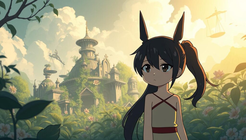 A breathtaking scene of artistic inspiration and legal tension. In the foreground, a captivating anime-style character, its expressive features and whimsical design reminiscent of the renowned Ghibli studio. The character appears to be in a contemplative pose, hinting at the creative process behind legendary works. In the middle ground, a tangle of stylized foliage and architectural elements that evoke the fantastical realms of Ghibli's iconic films. The lighting is soft and dreamlike, casting a pensive mood. In the background, a subtle presence of legal documents and scales of justice, a subtle nod to the complex issues of copyright and artistic integrity. The overall composition strikes a balance between the boundless imagination of Ghibli's creations and the real-world challenges of protecting one's artistic vision.