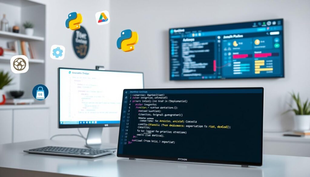 A clean, well-lit workspace with a sleek desktop computer and various DevOps tool icons floating around it. In the foreground, a Python script file is open, highlighting integrations with tools like Jenkins, Ansible, and Docker. The middle ground features a command line interface displaying status updates and deployment progress. In the background, a wall-mounted monitor displays a continuous integration dashboard, showcasing successful build pipelines and test results. The overall atmosphere is one of efficiency, automation, and the seamless harmony between Python and DevOps practices.