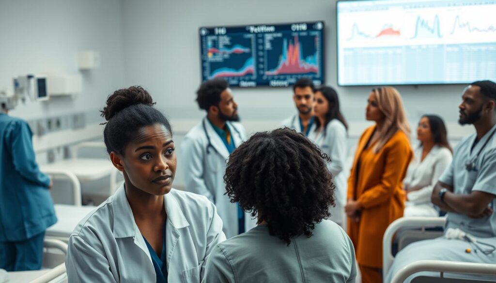A clinical setting where a diverse group of patients interacts with a healthcare AI system. In the foreground, a patient of color expresses concern as the AI's recommendations seem to favor Caucasian patients. In the middle ground, a team of medical professionals debates the implications of algorithmic bias, their faces reflecting deep thought. The background shows rows of hospital beds, equipment, and a large monitor displaying data visualizations that reveal disparities in the AI's performance across patient demographics. Soft, diffused lighting creates an atmosphere of contemplation and unease, underscoring the ethical dilemma at hand.