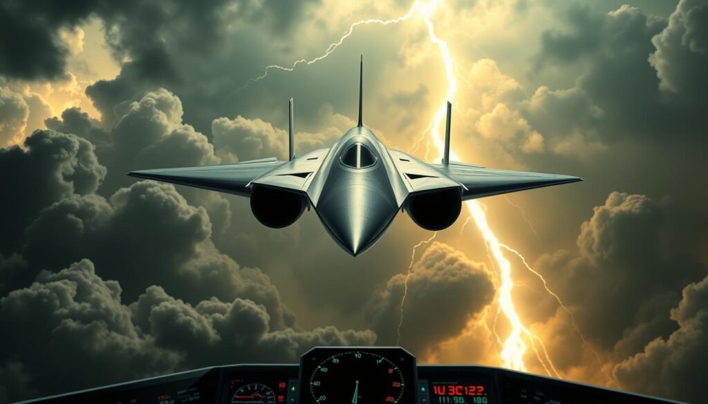 A colossal hypersonic missile, its streamlined fuselage gleaming under harsh overhead lighting, hovers amidst a backdrop of ominous thunderclouds. Shockwaves ripple through the air, hinting at its incredible speed and maneuverability. In the foreground, a console displays telemetry data and targeting coordinates, underscoring the precision and global reach of this advanced weaponry. The scene evokes a sense of technological dominance and the escalating arms race, but also an undercurrent of unease about the ethical implications of such destructive power.