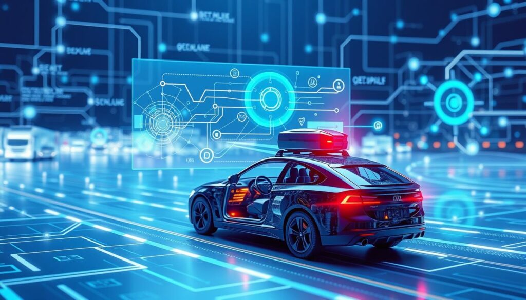 A complex quantum circuit diagram depicting various applications of quantum computing in transportation and logistics. In the foreground, a detailed 3D model of a self-driving vehicle, its internal components imbued with quantum mechanical principles. The middle ground showcases a holographic projection of optimized logistics networks, routes, and supply chain management solutions. In the background, a shimmering, abstract quantum landscape with spinning qubits and interference patterns, hinting at the underlying quantum phenomena powering these advancements. The scene is bathed in a cool, blue-tinted lighting, creating a sense of technological sophistication and scientific rigor.