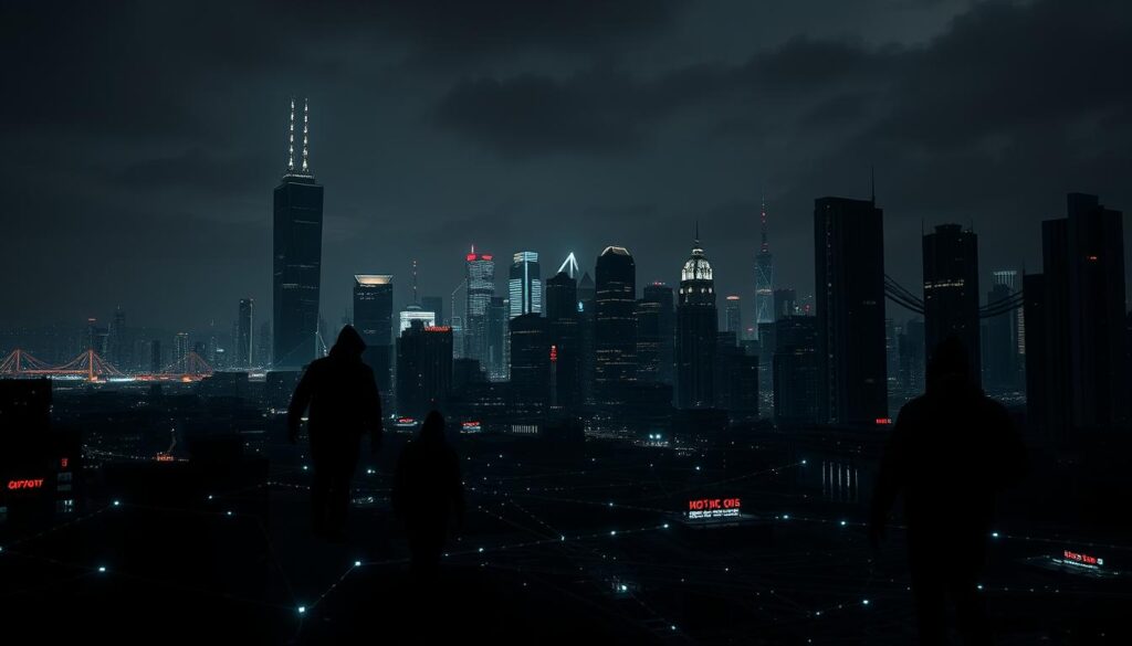A dark, ominous cityscape at night, the skyline pierced by towering, angular cyber-infrastructure. In the foreground, a complex web of supply chain connections, cables, and data streams intertwine, hinting at the intricate vulnerabilities that exist. The scene is cast in an eerie, neon-tinged glow, creating an atmosphere of unease and technological threat. Distant figures move through the shadows, their intentions unclear. A sense of impending danger permeates the image, as if the city itself is under the scrutiny of unseen cyber-attackers, ready to exploit the weakest links in the system.