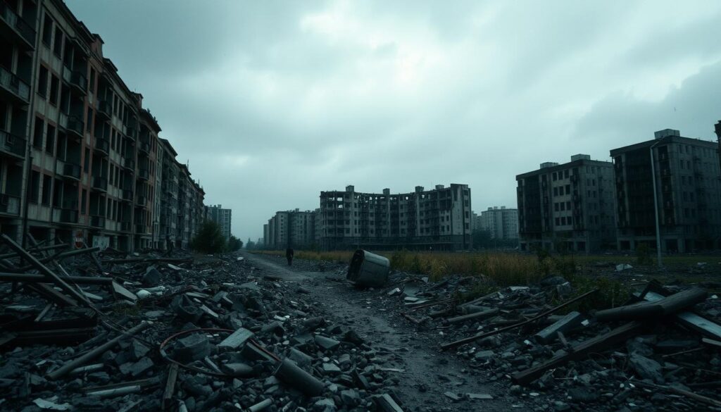 A desolate urban landscape lies in ruin, the once-vibrant buildings now crumbling and abandoned. In the foreground, rubble and debris litter the streets, a testament to the collapse that has occurred. Overhead, a somber gray sky casts a moody, melancholic light, reflecting the somber mood of the scene. In the middle ground, partially destroyed structures stand as haunting reminders of the former glory, their broken windows and damaged facades suggesting the magnitude of the disaster. Weeds and overgrowth have begun to reclaim the once-manicured spaces, symbolizing the gradual process of nature's reclamation. In the background, a sense of emptiness and isolation pervades, with no signs of human life visible. The image conveys a sense of desolation and the overwhelming challenge of rebuilding and renewal that lies ahead, reflecting the aftermath of a profound societal collapse.