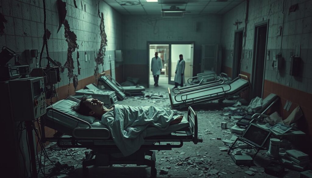 A dilapidated hospital, its walls crumbling, surrounded by rubble and debris. In the foreground, a despairing patient lies on a decrepit gurney, hooked up to antiquated medical equipment. Shadows cast by flickering emergency lights create an eerie, oppressive atmosphere. The middle ground is cluttered with overturned gurneys, shattered glass, and discarded medical supplies, conveying the chaos and desperation. In the background, a blurred silhouette of a doctor or nurse, helpless amidst the devastation. The scene is bathed in a sickly, green-tinged lighting, evoking the dire state of the healthcare system under siege.