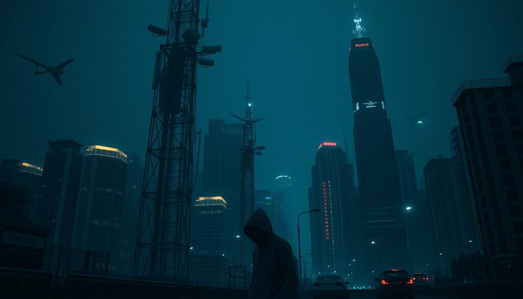 A dimly lit cityscape at night, dominated by towering surveillance towers with an array of cameras, sensors, and advanced biometric scanners. In the foreground, a lone figure walks warily, their face partially obscured by a hood, as they navigate the oppressive atmosphere of an ever-watchful urban environment. The scene conveys a sense of unease and the constant threat of being monitored, reflecting the growing reach of biometric surveillance in modern society.