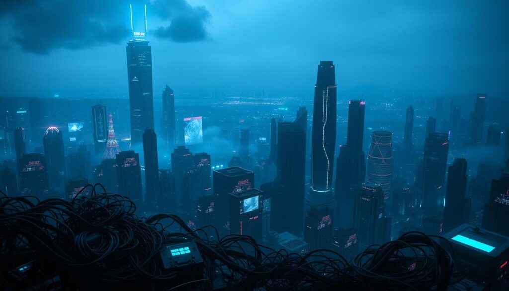 A dimly lit futuristic cityscape, with towering skyscrapers and flickering holographic displays. In the foreground, a tangled web of cables, circuits, and components represents the complex technological infrastructure underlying our digital world. Ominous shadows loom, hinting at the challenges and vulnerabilities inherent in our reliance on technology. The middle ground features abstract shapes and glowing interfaces, symbolizing the rapid pace of innovation and the uncharted territory of emerging fields like AI and quantum computing. In the background, a hazy, uncertain horizon suggests the unpredictable nature of technological progress and the anxieties it can provoke. The entire scene is bathed in a cool, eerie glow, conveying a sense of both wonder and trepidation towards the technological future.