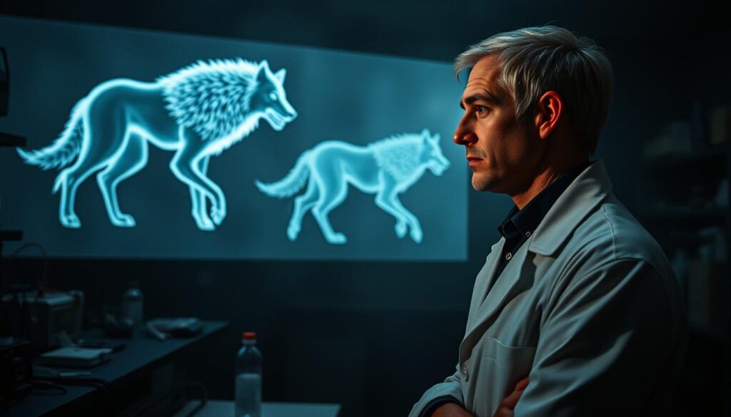 A dimly lit laboratory, equipment and scientific paraphernalia scattered across the workbenches. In the foreground, a scientist in a white coat gazes with a pensive expression at a holographic projection of a dire wolf, its ghostly form flickering and wavering. Shadows cast by the equipment create an air of tension and uncertainty, while the scientist's brow is furrowed, reflecting the ethical dilemma of de-extinction. The background is hazy, suggesting the broader societal debate surrounding the implications and risks of resurrecting extinct species. The scene conveys the complex challenges and considerations that must be carefully navigated in the pursuit of bringing back the dire wolf.