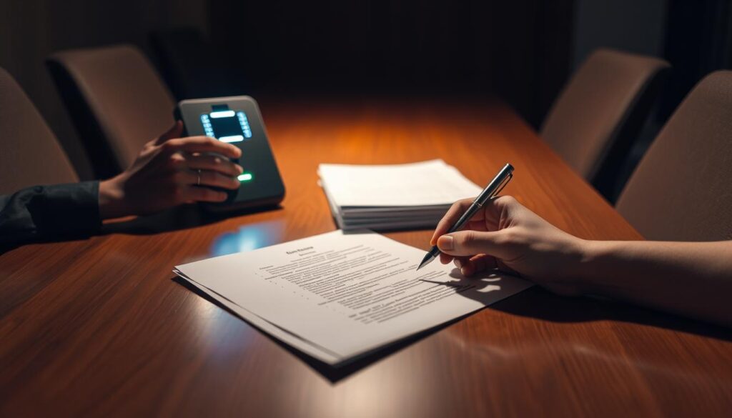 A dimly lit meeting room, the table illuminated by a warm glow. On the table, a stack of documents and a biometric security device, its blinking lights casting an eerie shadow. In the foreground, a pair of hands, one resting on the device, the other holding a pen poised over the papers, symbolizing the tension between technological advancements and ethical considerations. The background is blurred, suggesting the broader societal implications of biometric data usage. The atmosphere is contemplative, inviting the viewer to ponder the delicate balance between progress and privacy.