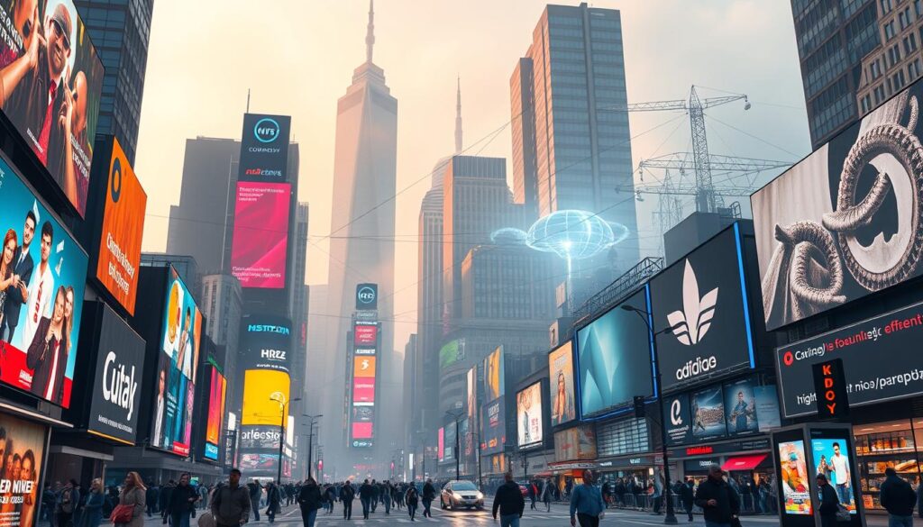A dynamic, multi-layered advertising ecosystem in a bustling city landscape. In the foreground, digital billboards and interactive kiosks captivate passersby with vibrant, ever-changing advertisements. In the middle ground, a complex web of interconnected platforms, data flows, and targeted marketing strategies shape the modern consumer experience. Towering skyscrapers and a hazy, neon-lit sky loom in the background, conveying the scale and complexity of the evolving advertising industry. The scene is bathed in a warm, futuristic glow, suggesting the rapid technological advancements transforming the marketplace. Intricate details, such as personalized device pings, algorithmic ad placement, and seamless cross-channel integration, create a sense of the intricate and interconnected nature of the modern advertising ecosystem.