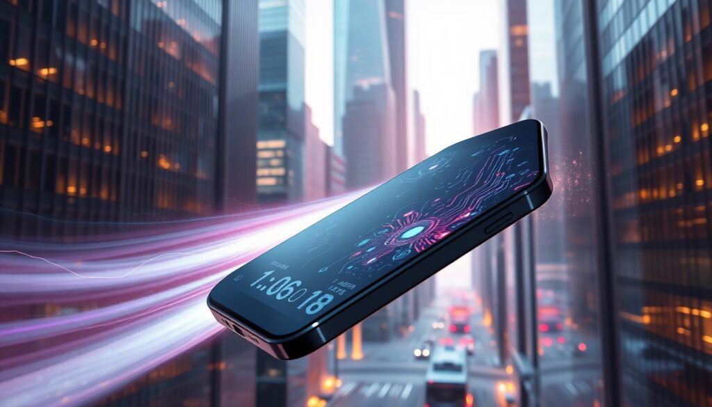A futuristic 5G smartphone soaring through a sleek, metallic cityscape. Crisp, high-contrast lighting highlights the device's clean, angular design and seamless, borderless display. Intricate circuitry and data visualizations emanate from the smartphone, casting a neon-tinged glow across the urban environment. In the background, towering skyscrapers and futuristic architecture symbolize the next generation of connectivity and technology. An atmosphere of innovation, progress, and boundless potential.
