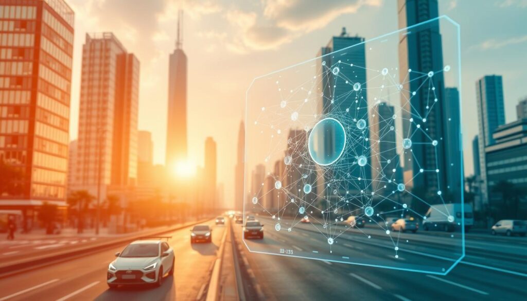 A futuristic cityscape, bathed in a soft, warm glow. In the foreground, a holographic display showcases a complex AI framework, its interconnected nodes and algorithms pulsing with data. In the middle ground, sleek, autonomous vehicles navigate the streets, while in the background, towering skyscrapers adorned with renewable energy sources reach towards the sky. The scene conveys a sense of technological advancement and the integration of ethical AI principles into the fabric of the urban environment, reflecting the readiness for technological disruption in the world of work.