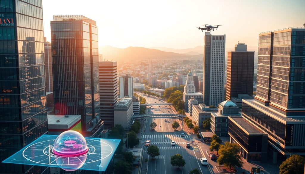 A futuristic cityscape bathed in a warm glow, where sleek, interconnected IoT devices seamlessly integrate with ethical AI governance systems. In the foreground, a holographic display showcases sustainable energy solutions, their vibrant hues reflecting off the polished facades of towering smart buildings. The middle ground reveals a bustling metropolis, its streets alive with autonomous vehicles and drone-assisted deliveries. In the background, a panoramic vista of verdant hills and a cloudless sky, symbolizing the harmonious coexistence of technology and nature. The scene emanates a sense of optimism, progress, and a commitment to a better, more sustainable future.