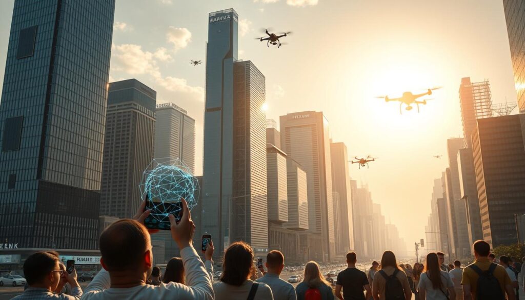 A futuristic cityscape of towering skyscrapers, their sleek facades reflecting the gleaming sun. In the foreground, a group of people interact with their foldable smartphones, the devices' flexible screens unfolding to reveal holographic projections. The air is alive with the buzz of next-generation wireless connectivity, as drones and autonomous vehicles navigate the urban landscape. The scene is bathed in a warm, pulsing glow, conveying a sense of technological advancement and progressive design. The foldable smartphones held by the figures are the centerpiece, showcasing their seamless integration with the futuristic environment.