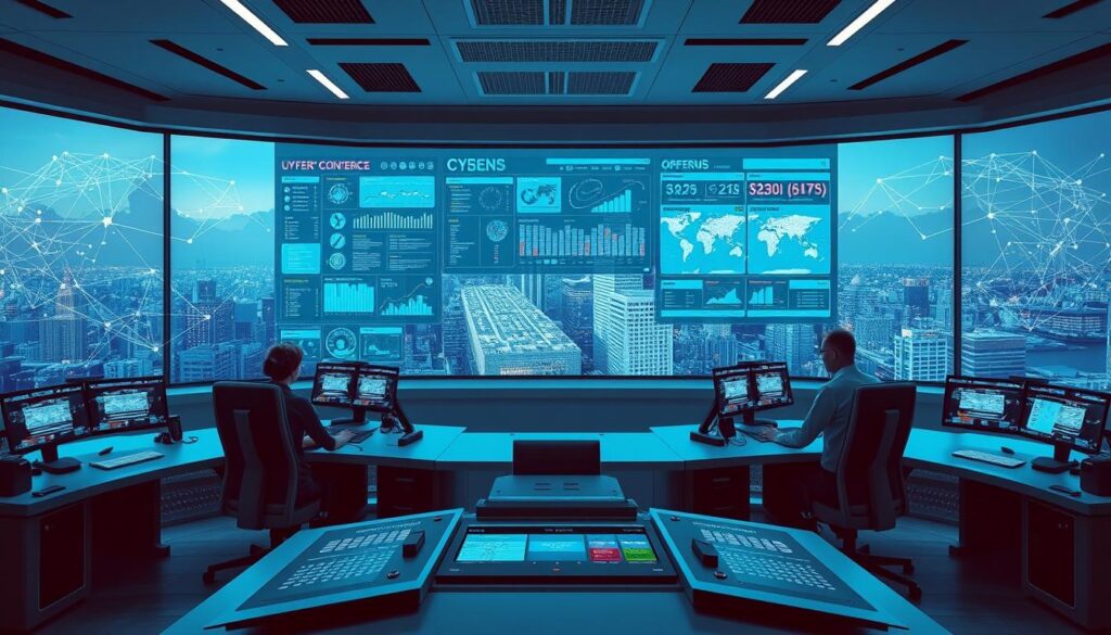 A futuristic cybersecurity command center in 2025, featuring a large holographic display showcasing a comprehensive defense strategy against emerging cyber threats. The control room is bathed in a cool, minimalist lighting scheme, with sleek, ergonomic workstations manned by a team of highly skilled cybersecurity experts. The display shows intricate data visualizations, threat intelligence feeds, and real-time incident monitoring dashboards. In the foreground, a central console with touch-enabled screens and intuitive control interfaces allows the team to orchestrate a multifaceted defense posture. The background depicts a cityscape shrouded in a network of interconnected data streams, symbolizing the complexity and scale of the cyber landscape in the year 2025.