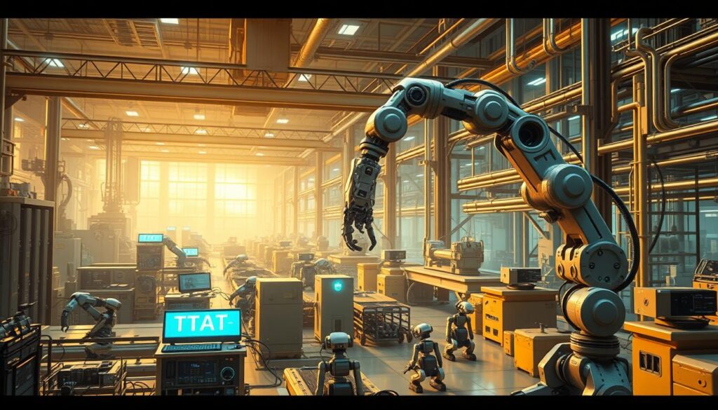 A futuristic, high-tech factory floor populated with advanced robotic arms, automated assembly lines, and intricate machinery. Bright, diffused lighting casts a warm, almost ethereal glow, highlighting the precision and efficiency of the robotic workforce. The foreground features a large, articulated industrial robot skillfully manipulating delicate components, while in the middle ground, smaller robots scurry about, carrying materials and performing specialized tasks. The background is dominated by towering gantry cranes, conveyor belts, and a maze of pipes and conduits, creating a sense of depth and complexity. The overall atmosphere conveys a seamless integration of human and machine, reflecting the power of automation to transform the modern workplace.