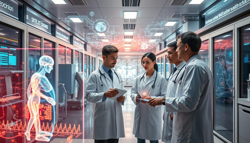 A futuristic medical laboratory with cutting-edge AI systems, glowing data visualizations, and healthcare professionals interacting with intelligent algorithms. The foreground depicts a team of doctors and researchers examining a holographic patient model, their expressions intent as they analyze insights from advanced diagnostic tools. In the middle ground, an array of sleek medical devices and robotic assistants work in harmony, their movements choreographed by the machine learning algorithms that power them. The background showcases a panoramic view of the lab, filled with towering server racks, complex neural network diagrams, and a luminous data landscape that bathes the scene in an ethereal, technological glow. The overall mood conveys a sense of innovative progress, where the synergy of human expertise and artificial intelligence is driving the future of healthcare.