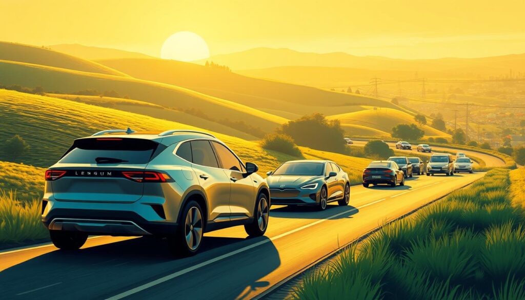 A gleaming fleet of electric vehicles, their sleek silhouettes bathed in a warm, golden light. In the foreground, a family-sized SUV with clean, aerodynamic lines powers silently down a winding country road, surrounded by rolling hills and lush greenery. In the middle ground, a sporty sedan zips past, its futuristic exterior reflecting the sun's rays. In the distance, a cluster of compact city cars navigates through a bustling urban landscape, their electric motors humming with efficiency. The scene exudes a sense of progress and environmental responsibility, showcasing the evolution of sustainable transportation.