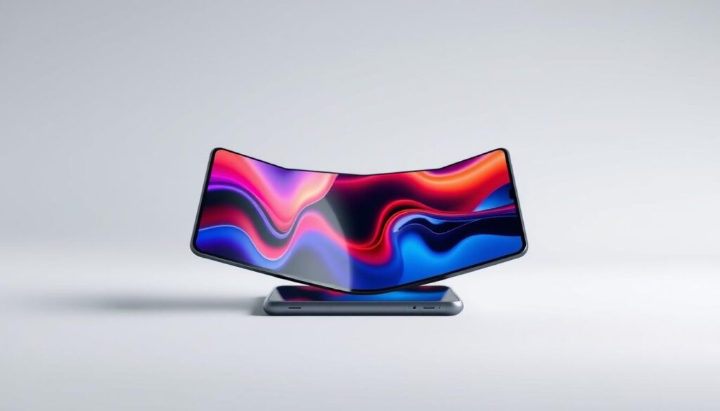 A high-resolution, photorealistic image of a folding smartphone screen in the foreground, showcasing its fluid, seamless transition from folded to unfolded state. The screen displays a vibrant, immersive interface with rich colors and sharp details, emphasizing the enhanced user experience on a foldable device. The middle ground features a minimal, premium-looking smartphone frame in muted tones, accentuating the screen's stunning display. The background is a softly blurred, clean studio environment with neutral lighting, creating a sense of focus on the product. The overall composition and lighting evoke a sense of sophistication and technological innovation, reflecting the future of mobile design.