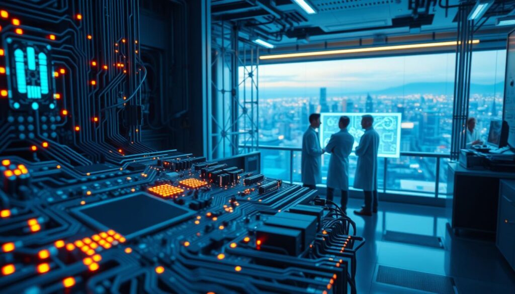 A high-tech laboratory with cutting-edge AI technology. In the foreground, a complex circuit board with intricate wiring and glowing LEDs, symbolizing the inner workings of AI systems. In the middle ground, a group of scientists in white lab coats collaborating over a large holographic display, discussing regulations and policies governing the use of AI. In the background, a panoramic view of a modern cityscape, hinting at the widespread impact of AI on our society. The lighting is a mix of cool, blue tones and warm, fluorescent accents, creating a sense of tension and anticipation. The overall atmosphere conveys the importance and gravity of the regulatory decisions being made within this high-stakes, technological environment.