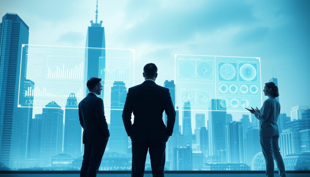 A large, futuristic city skyline with towering skyscrapers and gleaming glass facades. In the foreground, a series of holographic displays hover, showcasing data visualizations, financial charts, and medical imaging scans. Figures in business attire and medical scrubs stand before the displays, deep in discussion, their faces illuminated by the soft glow. The background is bathed in a cool, blue-tinted lighting, creating an atmosphere of analytical precision. A sense of both progress and unease permeates the scene, as the viewer contemplates the increasing role of AI in shaping the critical decisions that impact healthcare, finance, and civic life.