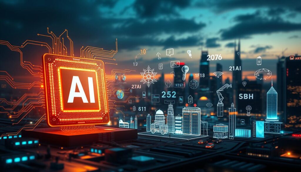 A large gleaming AI processor chip dominates the foreground, casting a warm glow across a futuristic cityscape in the background. Swirling data streams and dynamic visualizations flow around the chip, representing the exponential growth and interconnectivity of AI systems. In the middle ground, holographic projections depict a diverse range of AI applications - from autonomous vehicles and smart homes to medical diagnostics and robotic manufacturing. The composition conveys a sense of technological acceleration, innovation, and the transformative potential of AI in the years to come. Dramatic lighting and a cinematic depth of field pull the viewer into this compelling vision of the AI-powered future.