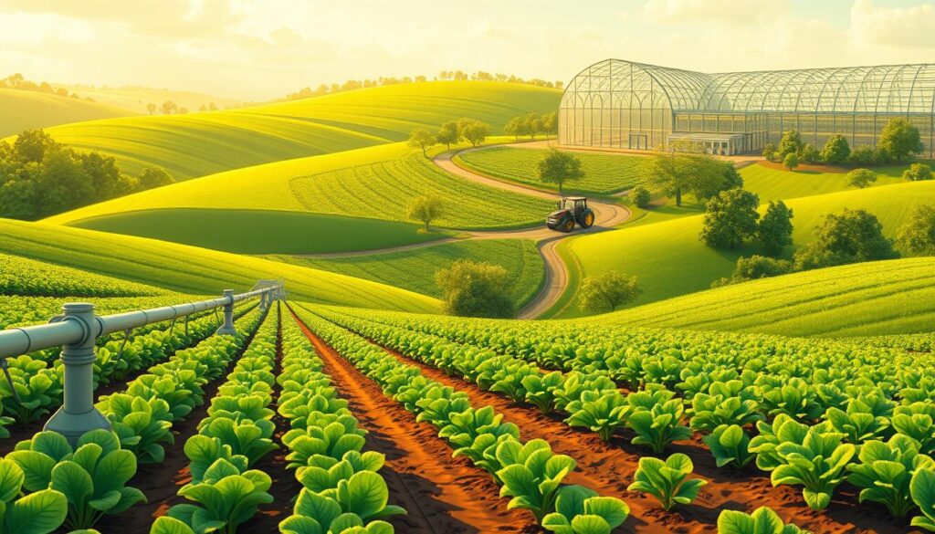A lush, verdant agricultural landscape with rolling hills and flourishing crops. In the foreground, a state-of-the-art irrigation system waters the soil, its sleek pipes and sensors seamlessly integrated into the scene. In the middle ground, a fleet of autonomous tractors navigates the fields, their advanced sensors and AI-powered controls optimizing efficiency and reducing emissions. In the distance, a large greenhouse stands, its glass panels glinting in the warm, golden sunlight, housing a variety of hydroponic and aquaponic systems. The overall atmosphere conveys a sense of harmony between technology and nature, showcasing the sustainable future of agriculture.