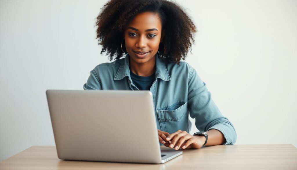 A person of everyday means, casually dressed, sitting at a simple table, intently focused on a sleek, modern laptop. The scene is bathed in soft, diffused lighting, creating a sense of calm and approachability. The individual's face is expressive, conveying a sense of empowerment and confidence as they navigate digital tools. The background is minimalist, with clean lines and muted tones, allowing the subject to take center stage. The composition is balanced, drawing the viewer's eye to the person's engaged interaction with the technology, symbolizing how advancements are revolutionizing accessibility and efficiency in everyday services.