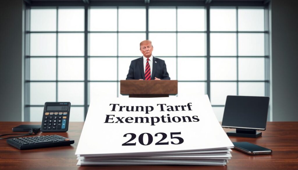 A professional and modern-looking image of "tariff exemptions" for a high-tech article. The foreground depicts a stack of documents with the "Trump Tariff Exemptions 2025" headline, surrounded by business icons like a calculator, laptop, and smartphone. In the middle ground, an authoritative-looking government official stands next to a podium, conveying the announcement of these exemptions. The background shows a clean, minimalist office setting with large windows, neutral colors, and strategic lighting to create a sense of authority and importance. The overall mood is one of serious, responsible policymaking with a focus on technology and trade.