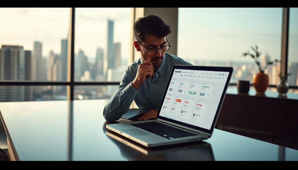 A serene office setting with a large window overlooking a bustling city skyline. On a sleek, modern desk, a laptop displays a subscription dashboard, showcasing various recurring billing plans and their benefits. In the foreground, a professional businessperson examines the screen, deep in thought. Soft, directional lighting illuminates the scene, casting a warm, productive atmosphere. The background features minimalist decor, emphasizing the focus on the task at hand. The overall composition conveys the advantages of recurring revenue models for enterprises, reflecting the section's emphasis on the benefits of subscription-based business strategies.