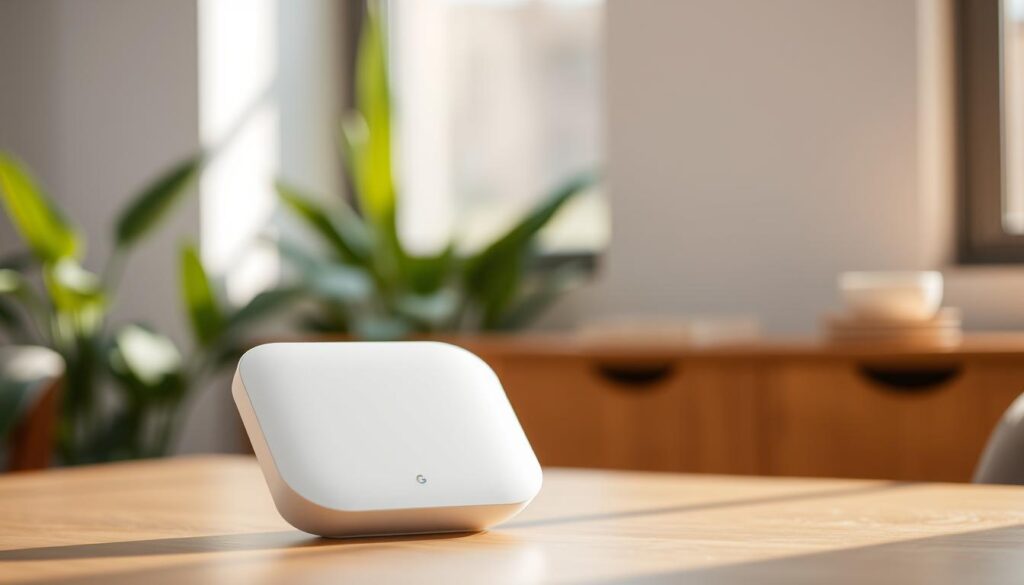 A sleek and modern Google Nest WiFi router with a minimalist design, sitting on a wooden table in a bright, well-lit room. The device has a soft, matte white finish and a subtle LED indicator light. The router is positioned at a slightly tilted angle, creating an elegant and visually appealing composition. The background is blurred, with hints of natural greenery and warm, diffused lighting, emphasizing the device's clean and refined aesthetic. The overall scene radiates a sense of simplicity, functionality, and seamless home integration.