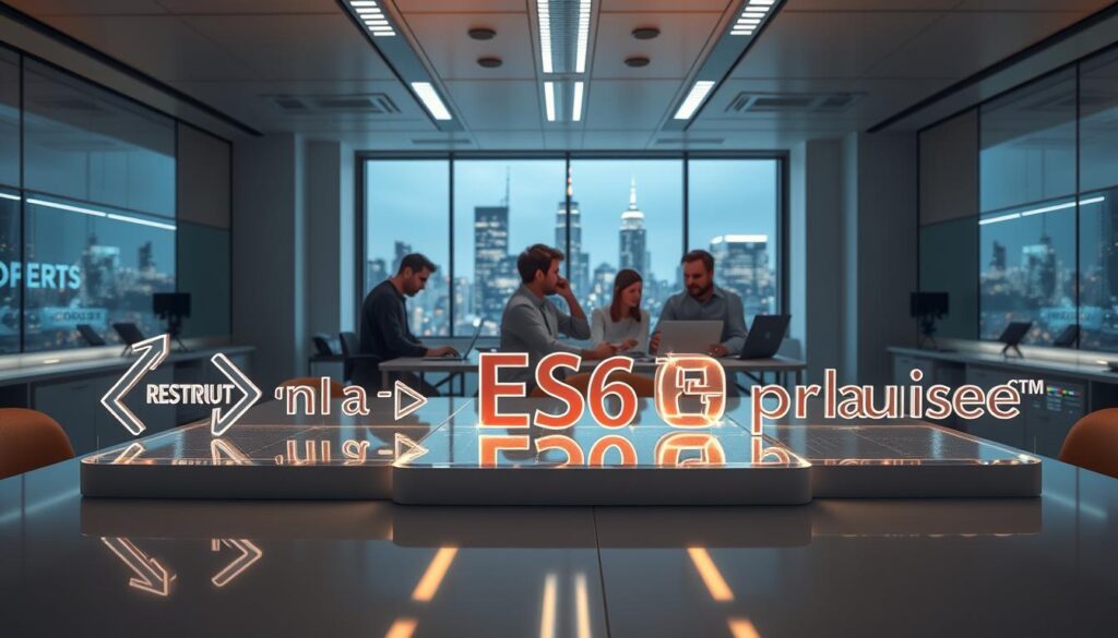 A sleek and modern software engineering laboratory, illuminated by soft, directional lighting. In the foreground, a large, glossy table displays various ES6 features - arrow functions, destructuring, classes, and promises - as elegant, holographic 3D models. The middle ground showcases a team of developers collaborating on a cutting-edge web application, their faces alight with the glow of their high-resolution displays. In the background, a panoramic window offers a breathtaking view of a bustling city skyline, symbolizing the power and versatility of ES6 in the modern JavaScript landscape.
