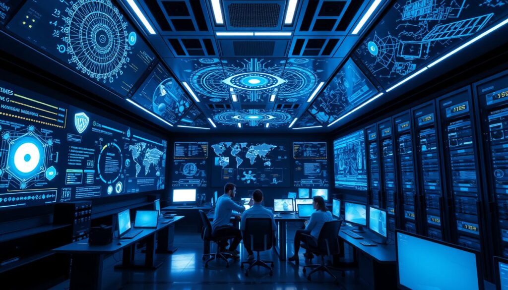 A sleek, high-tech control room, bathed in a cool, blue-tinted lighting. Holographic displays and data visualizations fill the space, depicting intricate patterns and algorithms related to defense systems and machine learning models. In the center, a group of analysts and engineers collaborate, their faces illuminated by the soft glow of their screens. Towering server racks line the walls, housing the powerful computing infrastructure that powers the machine learning algorithms. The atmosphere is one of focused intensity, as the team works tirelessly to develop innovative defense solutions to safeguard against emerging threats.