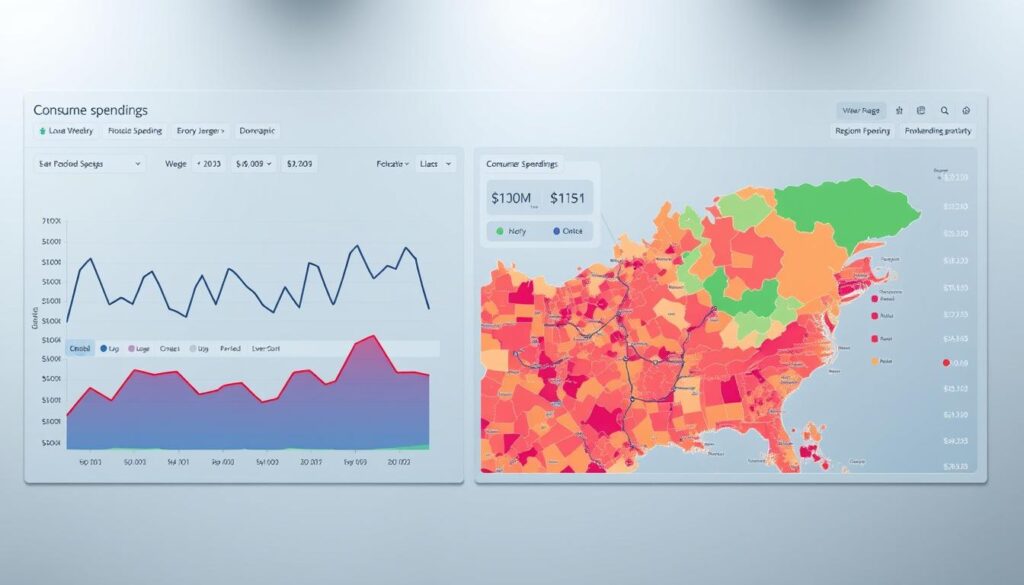 A sleek, modern data dashboard showcasing consumer spending trends. In the foreground, a detailed line chart displays fluctuations in weekly household expenditures across various product categories. The middle ground features interactive widgets allowing users to filter and segment the data by demographic, location, and time period. In the background, a vibrant heatmap visualizes regional spending patterns, with hot spots pulsing to highlight areas of increased consumer activity. Soft lighting casts a professional, analytical tone, while the minimalist design and clean typography emphasize the data-driven insights. An optimal prompt for a digital marketing strategy focused on understanding and responding to evolving consumer behaviors.