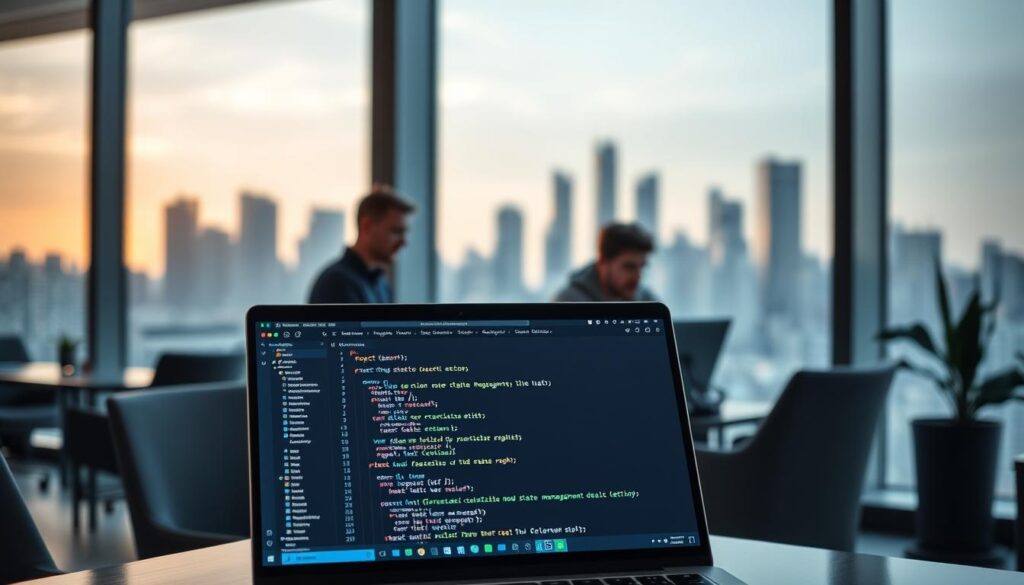 A sleek, modern office setting with large windows overlooking a bustling city skyline. In the foreground, a developer's workspace features a laptop displaying a React application's state management flow, with neatly organized components, actions, and reducers. Soft, directional lighting from the windows creates a sense of depth and atmosphere, while the middle ground features additional developers collaborating on the project, their faces illuminated by the glow of their screens. The background is slightly blurred, but hints at a minimalist, tech-forward aesthetic, with subtle accents of blue and gray. The overall scene conveys a sense of focused productivity, innovation, and the seamless integration of state management principles within the React ecosystem.