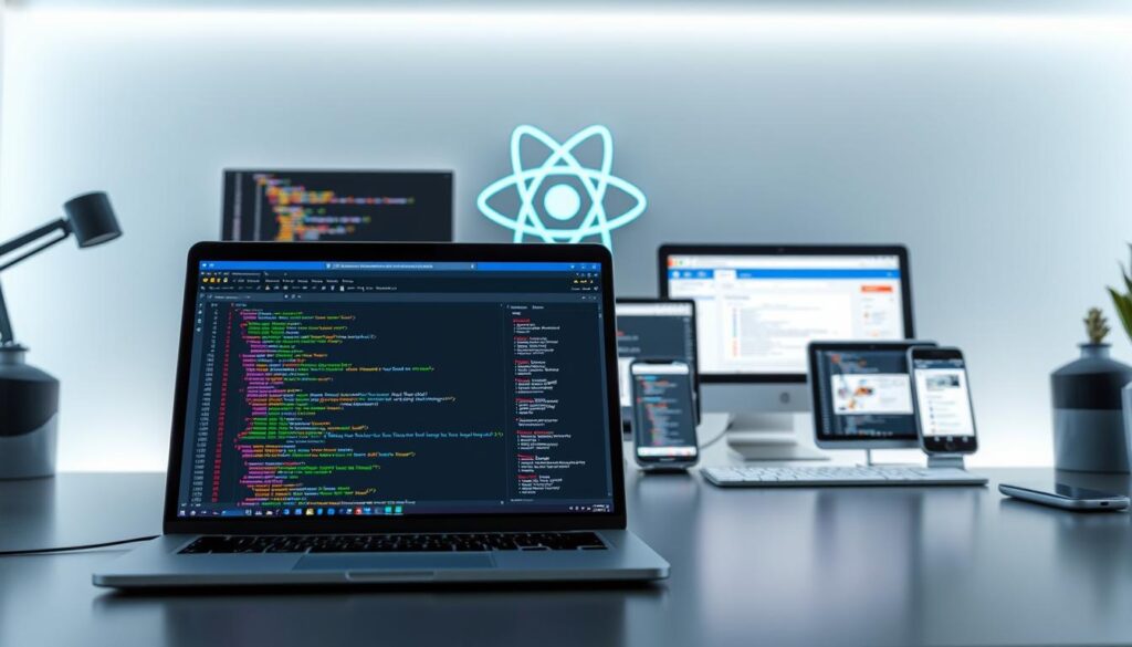 A sleek, modern workspace showcases the essential React testing tools. In the foreground, a laptop screen displays a well-organized test suite, with colorful code snippets and intuitive UI. Behind it, an array of digital devices - phones, tablets, desktops - running various browser environments, simulating a comprehensive testing environment. The background features a minimalist, high-tech aesthetic, with clean lines, subdued colors, and subtle lighting that evokes a sense of professionalism and efficiency. The overall scene conveys the rigorous, methodical approach to ensuring the quality and reliability of a React application, aligned with the "Comprehensive Testing Strategies for React" section of the article.