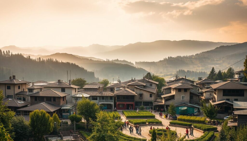 A tranquil village nestled in rolling hills, its buildings and streets radiating a sense of community resilience. In the foreground, a central town square bustling with locals engaged in peaceful activities - children playing, elders conversing, artisans showcasing their crafts. The middle ground reveals verdant gardens and orchards, a symbol of self-reliance. In the background, a panoramic vista of snow-capped peaks and lush forests, conveying a serene, timeless atmosphere. Warm, diffused sunlight bathes the scene, casting a golden glow and evoking feelings of unity, harmony, and resilience in the face of adversity.