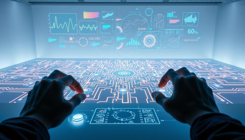 A vast, luminous quantum circuit sprawls across a sleek, minimalist workspace. Floating above it, a kaleidoscope of glowing data visualizations - colorful waveforms, interference patterns, and quantum state diagrams. The scene is bathed in a soft, blue-white glow, creating an atmosphere of technological elegance and scientific discovery. In the foreground, a pair of hands skillfully manipulate holographic controls, guiding the flow of quantum information. The overall impression is one of power, precision, and the boundless potential of quantum computing.