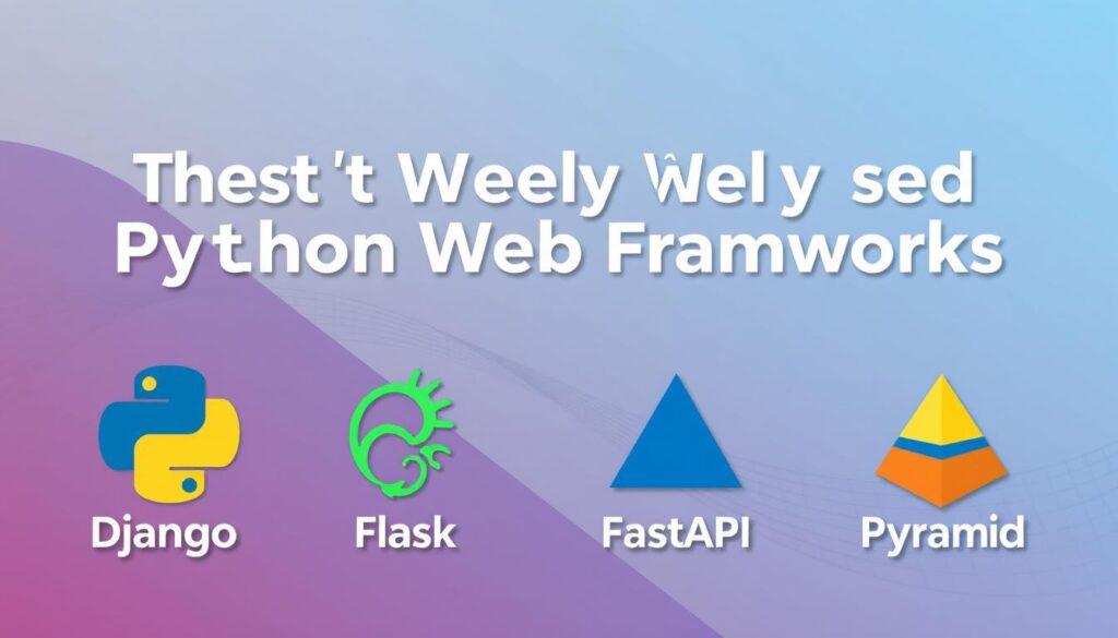 A vibrant and informative comparison of the most widely used Python web frameworks, displayed in a visually striking manner. The foreground showcases the logos and key features of popular frameworks like Django, Flask, FastAPI, and Pyramid, each uniquely represented with attention to detail. The middle ground features a sleek, abstract backdrop that complements the frameworks, with a subtle grid or wireframe motif to convey the technical nature of the subject. The background should be a clean, neutral palette, allowing the frameworks to take center stage. The overall composition should strike a balance between professionalism and visual interest, creating an image that seamlessly supports the article's educational focus on Python web development.