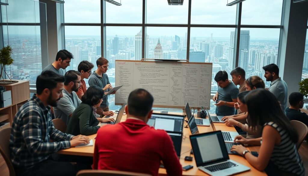 A vibrant coding community gathered in a modern, well-lit workspace. In the foreground, a diverse group of developers collaborating on their laptops, their expressions focused and engaged. The middle ground features a large whiteboard filled with code snippets and diagrams, surrounded by team members animatedly discussing their projects. In the background, floor-to-ceiling windows offer a panoramic view of a bustling city skyline, creating a sense of connectivity and inspiration. The overall atmosphere radiates a spirit of innovation, camaraderie, and a shared passion for problem-solving through code.