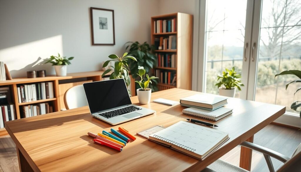 An airy, sunlit home office with a wooden desk, a laptop, a plant, and a journal. On the desk, various analog tools like pens, highlighters, and a calendar are arranged, representing strategies to reduce screen time. The background features bookshelves and a large window overlooking a peaceful outdoor scene, creating a balanced and calming atmosphere. The lighting is soft and natural, enhancing the serene and focused ambiance. The camera angle is slightly elevated, providing a comprehensive view of the workspace and its surroundings.