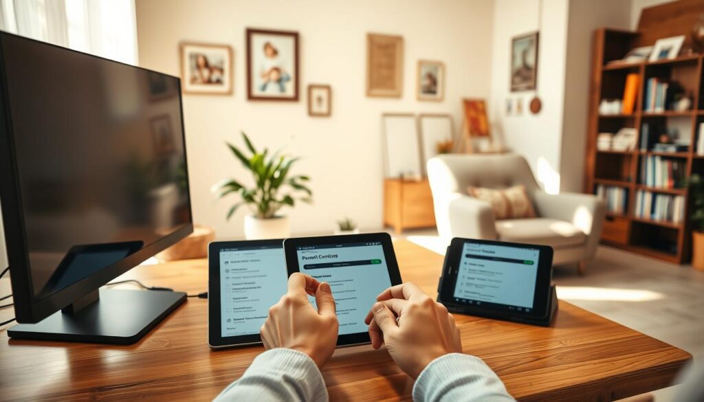 Parental controls for internet addiction: a serene home office setting with a desktop computer, tablet, and smartphone on a wooden desk. Soft natural lighting streams through a window, casting gentle shadows. In the foreground, a pair of adult hands carefully configuring parental control settings on the devices, conveying a sense of care and responsibility. The middle ground features framed family photos, a potted plant, and a cozy reading chair, suggesting a nurturing environment. The background shows bookshelves, a cork board, and other office decor, creating a productive yet calming atmosphere. The overall mood is one of mindful digital management within a supportive home context.