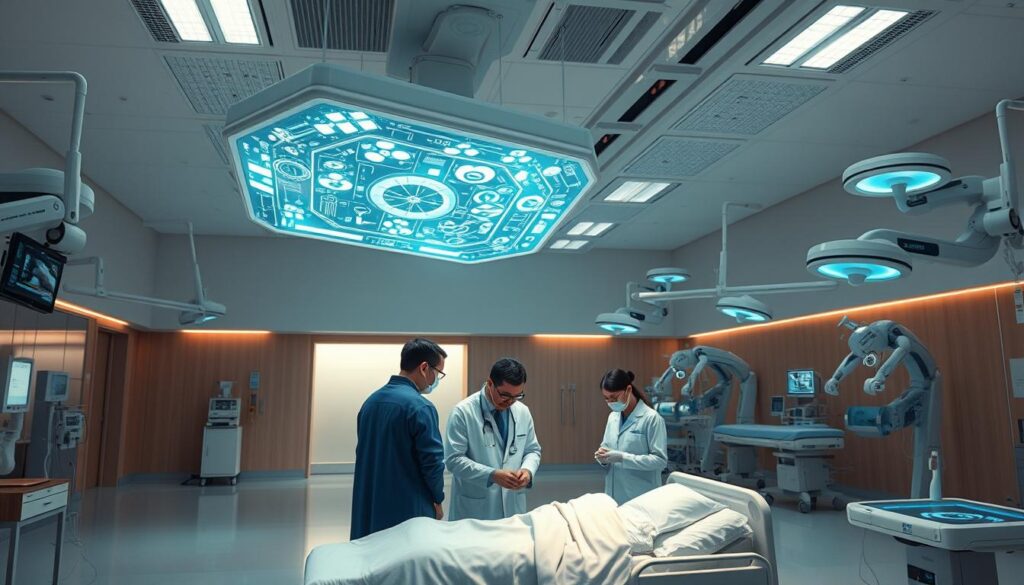 Prompt An expansive hospital ward, bathed in a soft, ambient light. In the foreground, a team of doctors and nurses huddle around a patient's bed, analyzing a holographic display of intricate medical data. Suspended above them, a network of sleek, interconnected AI modules continuously monitors vitals and recommends personalized treatment plans. In the background, state-of-the-art robotic arms deftly perform delicate surgical procedures, guided by the latest advancements in computer vision and machine learning. The atmosphere is one of cutting-edge innovation, seamlessly blending human expertise with the power of artificial intelligence to transform modern healthcare.