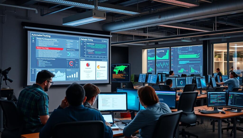 A bustling DevOps office setting, with developers collaborating on a projector screen displaying various automated testing frameworks and dashboards. In the foreground, a team huddles around a laptop, scrutinizing test results. The middle ground features an array of monitors showcasing continuous integration and deployment pipelines. The background depicts a sleek, modern workspace with ergonomic furniture and vibrant, energetic lighting, conveying a sense of productivity and innovation. The overall scene captures the essence of automated testing as a crucial component of the DevOps lifecycle, emphasizing efficiency, collaboration, and a commitment to quality assurance.
