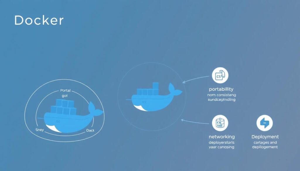 A clean, minimal infographic illustrating the advantages and limitations of Docker for software development. In the foreground, a 3D container icon representing Docker, surrounded by concentric circles depicting its core benefits - portability, consistency, scalability. In the middle ground, a series of icons symbolizing common challenges like networking, storage, and deployment. In the background, a subtle gradient or geometric pattern providing depth and visual interest. The overall tone is informative and visually engaging, using a restrained color palette and clean typography to convey the key points about Docker's pros and cons for developers.