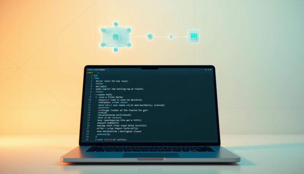 A clean, minimalist scene depicting the key concepts of Vue Router configuration. In the foreground, a sleek laptop screen displays the Vue Router setup code, its syntax highlighted in a modern code editor. Floating above the laptop, translucent 3D router icons and path indicators illustrate the routing structure. In the background, a soft gradient creates a sense of depth and focus, with subtle grid lines suggesting the technical nature of the subject matter. Warm, directional lighting casts subtle shadows, giving the scene a professional, editorial feel. The overall composition is balanced and uncluttered, allowing the core concepts of Vue Router to be the central focus.