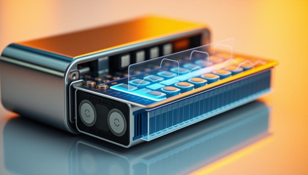 A close-up view of a fast-charging battery module, showcasing its advanced components. The sleek, metallic casing reflects warm, directional lighting, highlighting the intricate circuitry and cooling system within. The foreground features a cross-section revealing the layered structure of the battery cells, demonstrating their high-density energy storage capabilities. In the middle ground, a transparent overlay illustrates the flow of electrical current, emphasizing the rapid charging and discharging capabilities. The background subtly blurs, drawing the viewer's attention to the technical details and engineering innovations at the heart of this cutting-edge power solution.