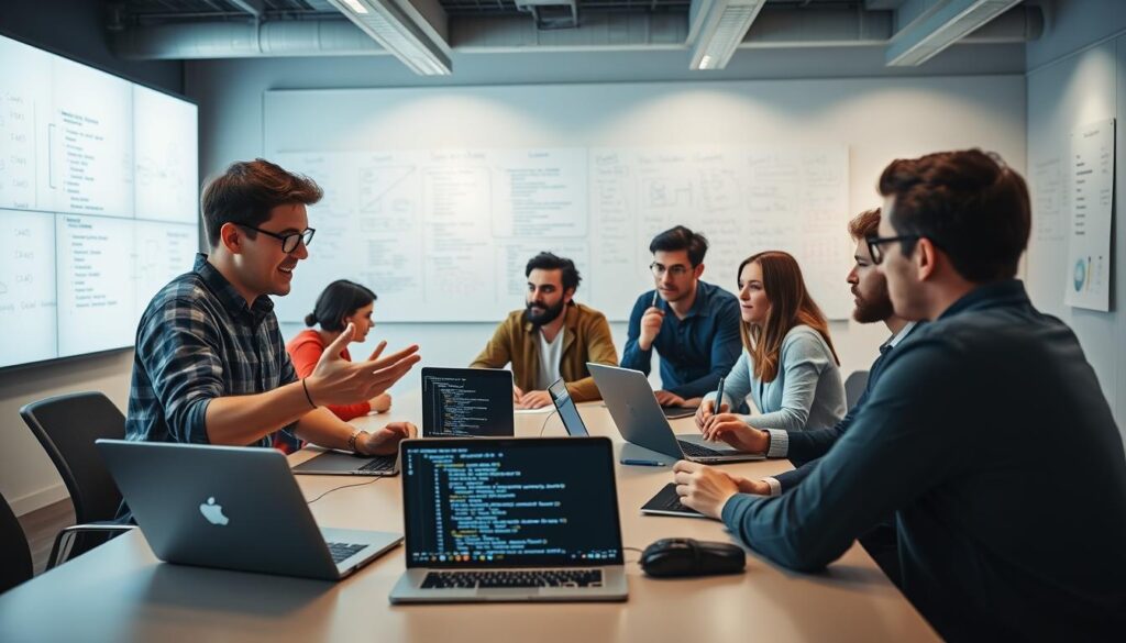 A code review process unfolds in a well-lit modern office, with programmers gathered around a large table, laptops open, and lines of code projected on a screen. The foreground features a developer gesturing animatedly, explaining a tricky section of the codebase. In the middle ground, colleagues nod attentively, pens in hand, as they scrutinize the code. The background depicts a wall of whiteboards filled with design diagrams and collaborative notes, conveying a sense of diligent, thoughtful analysis. The overall atmosphere is one of focused collaboration, with a touch of creative tension as the team works to refine the codebase.