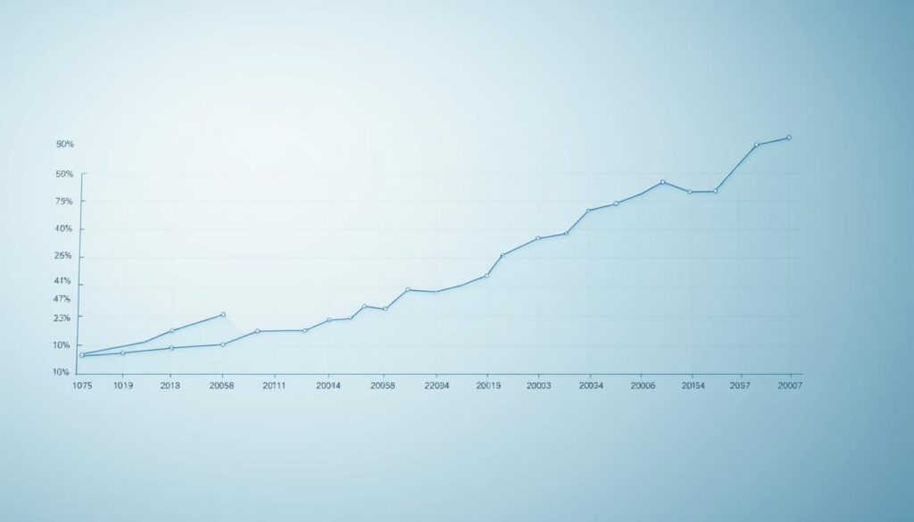 A comprehensive line chart illustrating the steady growth of Linux market share over the past decade. Detailed data points and trend lines are displayed on a clean, minimalist background with subtle gridlines. The chart is rendered in a cool, professional color palette of blues and grays, creating a sense of authority and objectivity. The lighting is soft and diffused, casting gentle shadows to give the data visualization a three-dimensional, tangible quality. The camera angle is slightly elevated, allowing the viewer to examine the chart from an analytical, data-driven perspective. An overall mood of clarity, transparency, and factual insights permeates the scene.