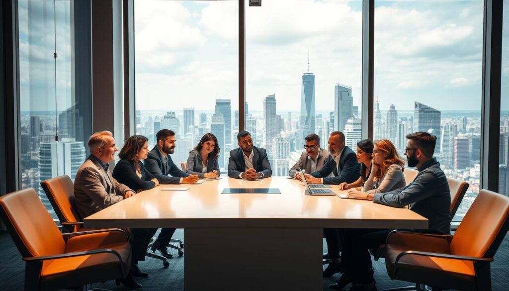A conference room overlooking a bustling city skyline, illuminated by warm, natural lighting through floor-to-ceiling windows. In the foreground, a group of professionals gathered around a sleek, modern table, engaged in a lively discussion about software tools and remote work platforms. Their expressions are focused, yet relaxed, reflecting the importance of their role as key players in shaping the future of remote work. In the background, the cityscape serves as a reminder of the global reach and impact of these technologies. The scene conveys a sense of innovation, collaboration, and the pivotal influence these individuals have on the evolving landscape of remote work.